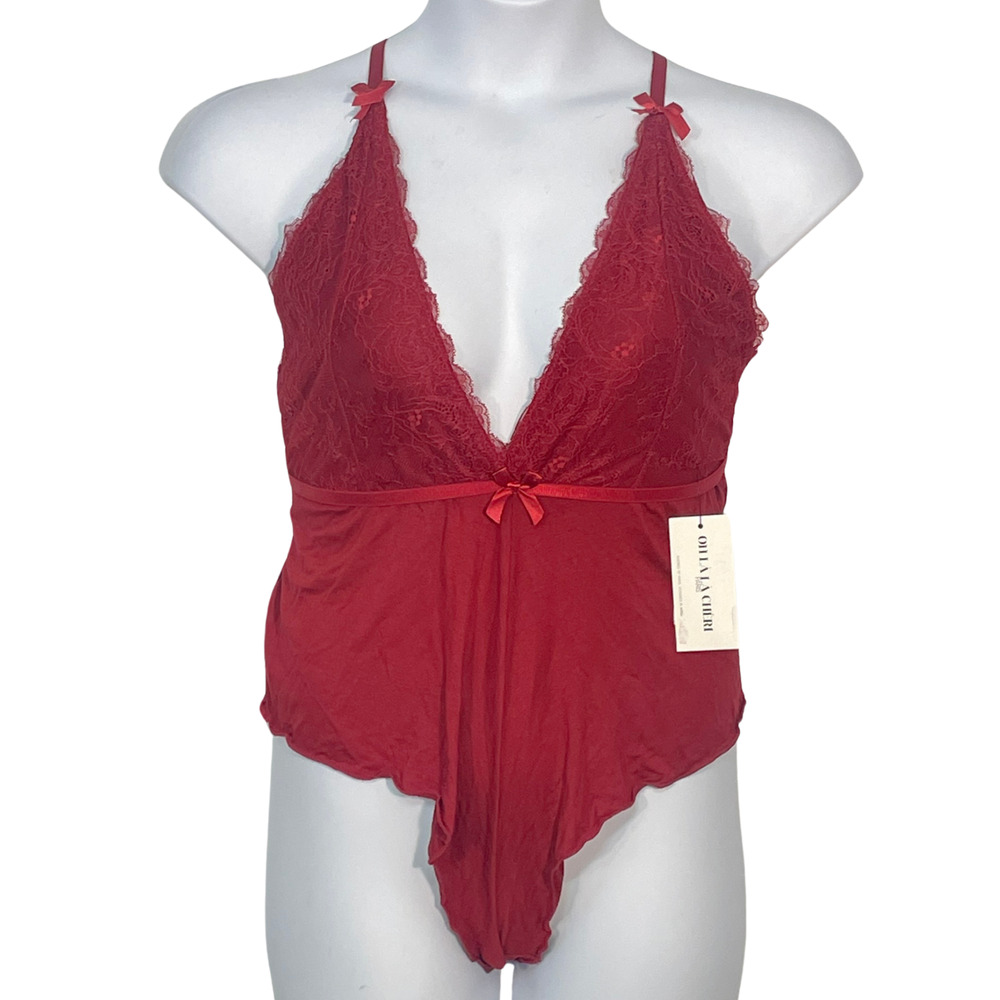 Oh La La Cheri Paris Sz L/XL Lingerie Romper Plunge Neck Strappy Back Red New